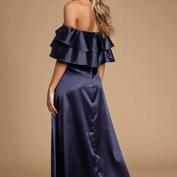 NWT Lulus Pure Happiness Navy Blue Satin Off-the-Shoulder Maxi Dress - Picture 4 of 8